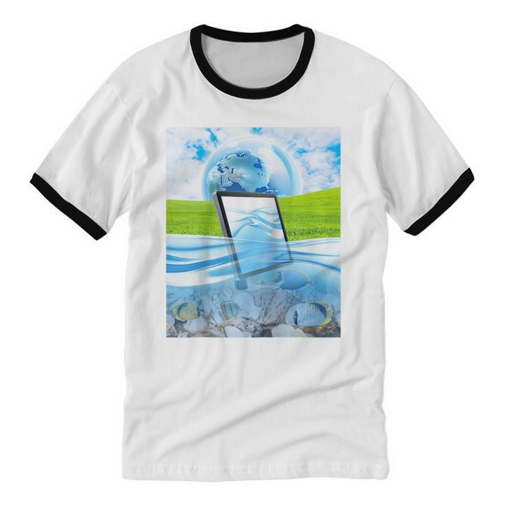 Frutiger Aero Aesthetic Tech Water Fishes Monitor Screen Raglan Baseball Tee Unisex Cotton Ringer T-Shirt