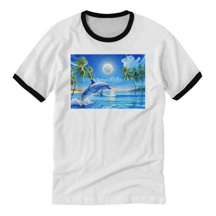 Frutiger Aero Dolphin Sunset Ocean With Palm Trees Y2k Unisex Cotton Ringer T-Shirt Frutiger Aero Dolphin Sunset Ocean With Palm Trees Y2k Unisex Cotton Ringer T-Shirt