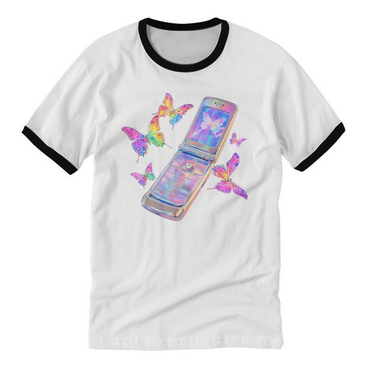 Frutiger Aero Y2K Chrome Phone Butterfly Unisex Cotton Ringer T-Shirt