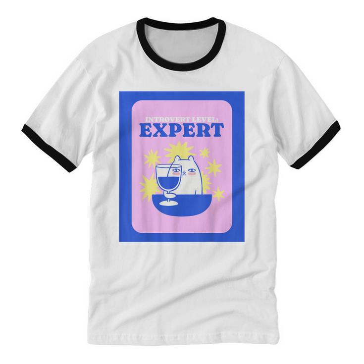 Fun Cute Introvert Cat Character With Wine Unisex Cotton Ringer T-Shirt