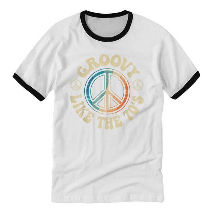 Groovy Like The 70s Peace Aesthetic Nostalgia 1970's Retro Unisex Cotton Ringer T-Shirt Groovy Like The 70s Peace Aesthetic Nostalgia 1970's Retro Unisex Cotton Ringer T-Shirt