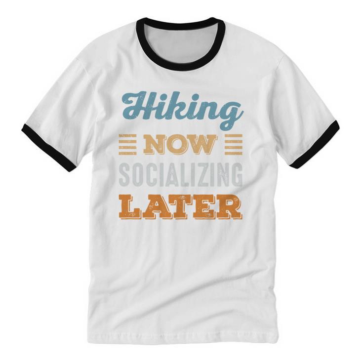 Hiking Now Minimal Socializing Introvert Vintage Unisex Cotton Ringer T-Shirt