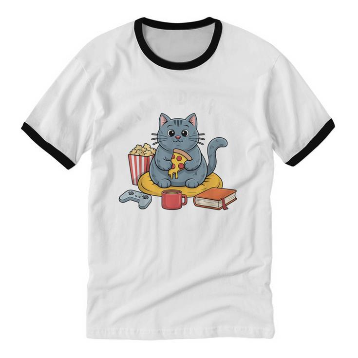 I'm An Indoor Cat Introvert Pizza Popcorn Book Gamer Cat Unisex Cotton Ringer T-Shirt