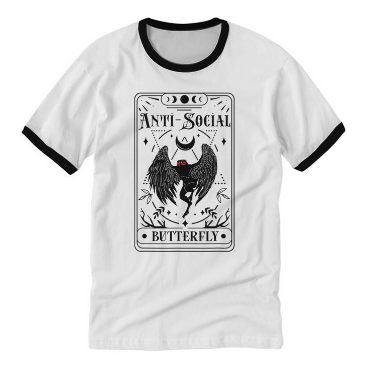 Introvert Apparel Emporium Mothman Tarot Card Antisocial Butterfly Cryptozoologist -Adults Grey Unisex Cotton Ringer T-Shirt