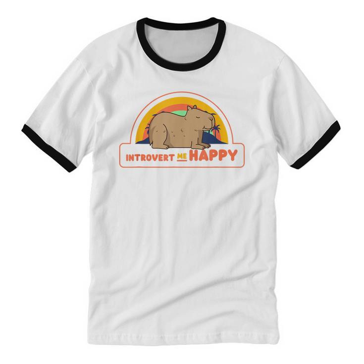 Introvert Me Happy Retro Sunset Capybara Tee Unisex Cotton Ringer T-Shirt