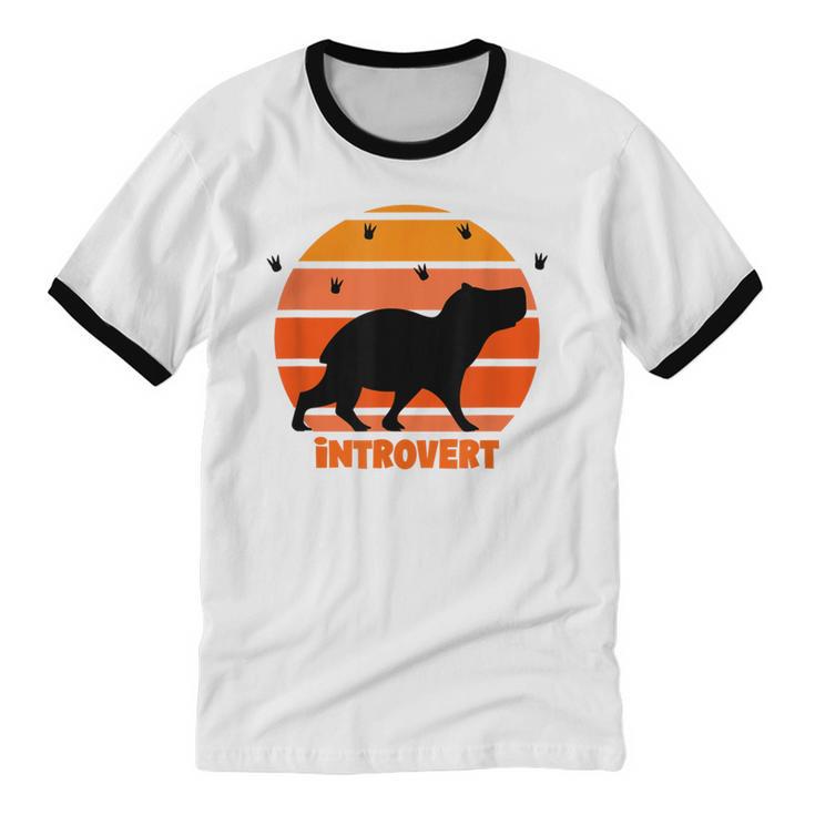 Introvert Retro Sunset Capybara Tee Unisex Cotton Ringer T-Shirt