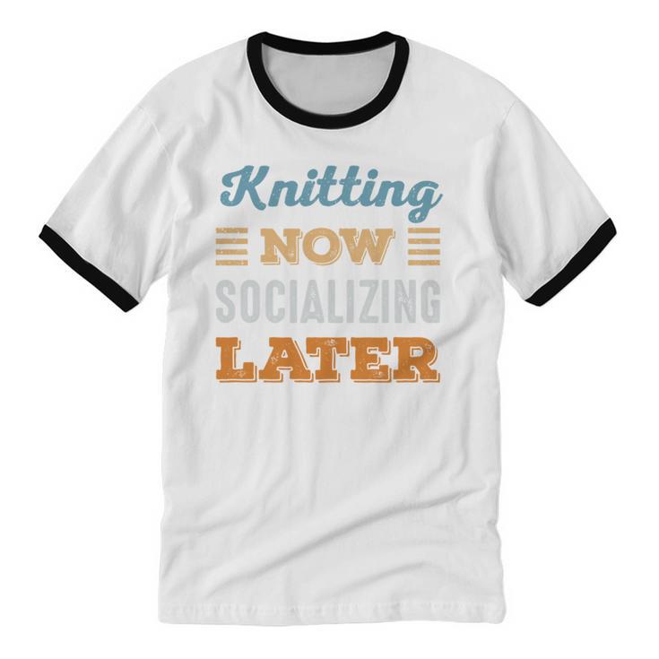 Knitting Now Minimal Socializing Introvert Vintage Unisex Cotton Ringer T-Shirt