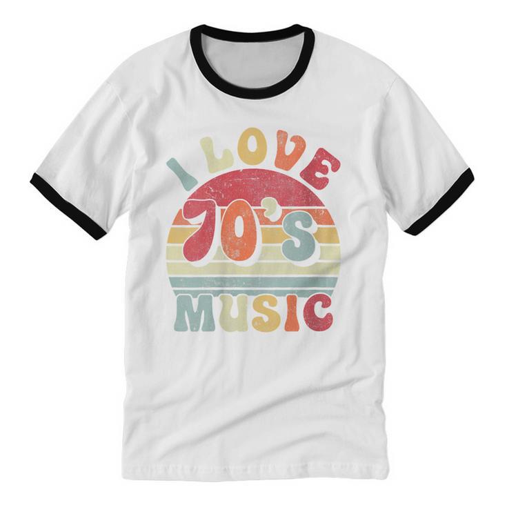 I Love 70's Music Retro Style Nostalgia Cassette 1970s Party Unisex Cotton Ringer T-Shirt
