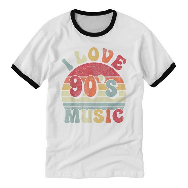 I Love 90's Music Retro Style Nostalgia Cassette 1990s Party Unisex Cotton Ringer T-Shirt