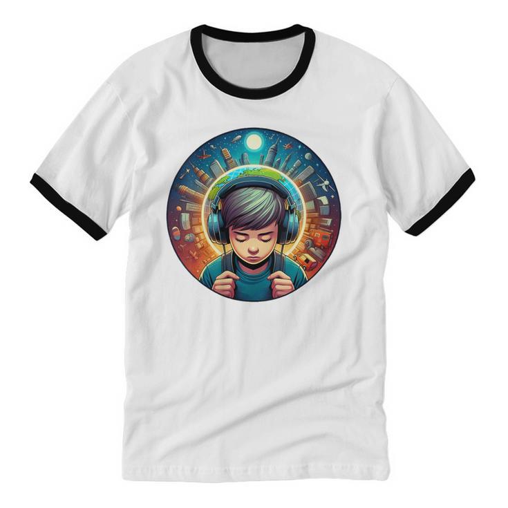 Music Enthusiast Under Starry Skies World Introvert Boy Unisex Cotton Ringer T-Shirt Music Enthusiast Under Starry Skies World Introvert Boy Unisex Cotton Ringer T-Shirt