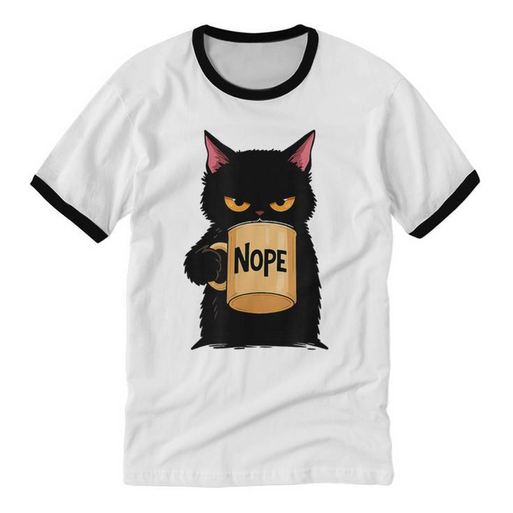 Nope Coffee Cat – Introvert Humor Monday Kitty Unisex Cotton Ringer T-Shirt
