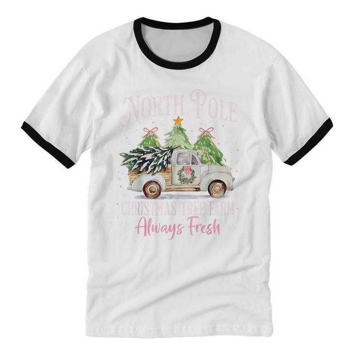 North Pole Tree Farm Merry Christmas Holiday Scene Nostalgia Unisex Cotton Ringer T-Shirt