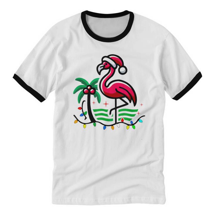 Nostalgia Holiday Tees -Adult Christmas Flamingo Small Short Sleeve Crew Neck Cotton Polyester Lightweight Ribbed Cuff Winter Unisex Cotton Ringer T-Shirt