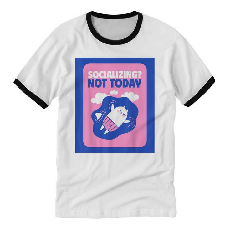 Not Today Cool Fun Cute Introvert Cat Character Unisex Cotton Ringer T-Shirt Not Today Cool Fun Cute Introvert Cat Character Unisex Cotton Ringer T-Shirt