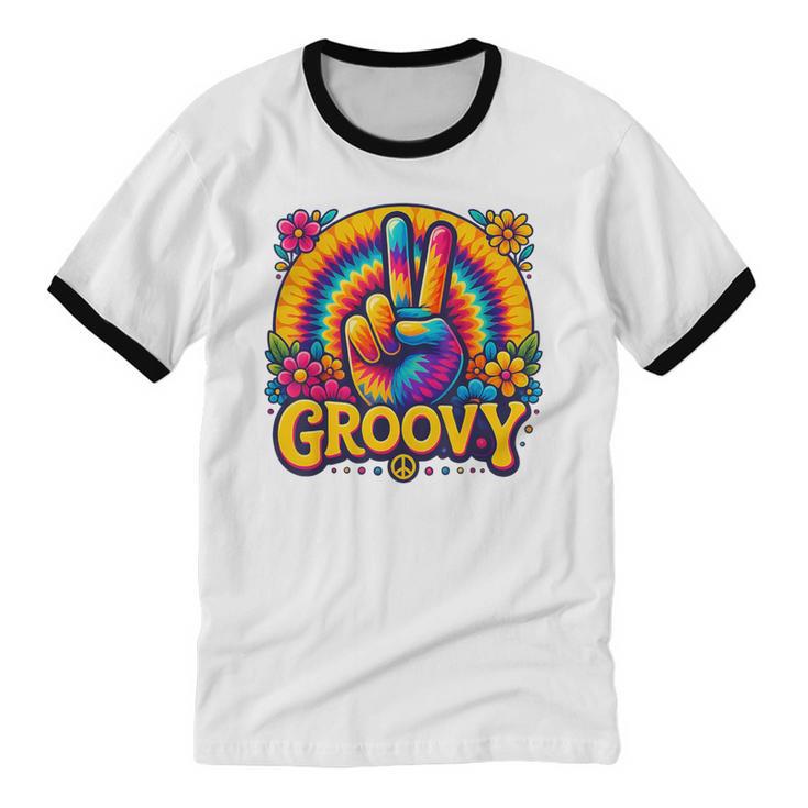 Peace Sign Groovy Vibes Costume Nostalgia Tie Dye Fashion Unisex Cotton Ringer T-Shirt