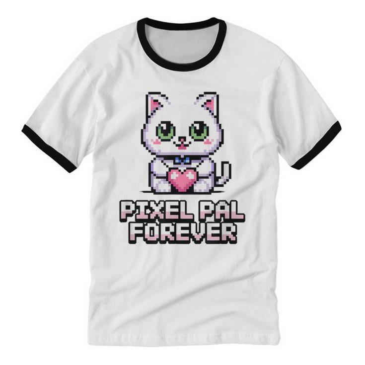 Pixel Art Pet Cat Y2K Retro Vintage Digital Nostalgia Tech Unisex Cotton Ringer T-Shirt