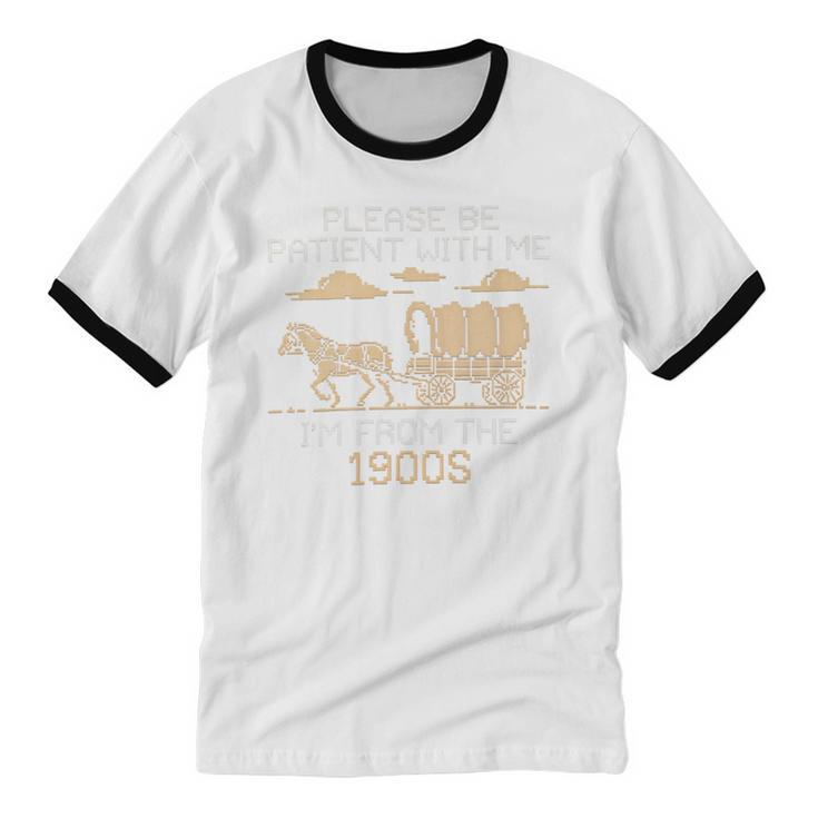 Please Be Patient I'm From The 1900s Retro Pixel Horse Wagon Premium Unisex Cotton Ringer T-Shirt