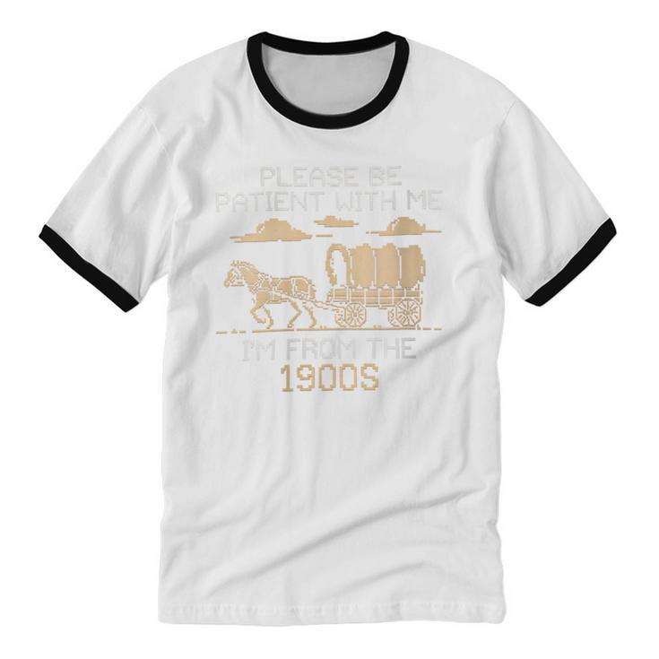 Please Be Patient I'm From The 1900s Retro Pixel Horse Wagon Unisex Cotton Ringer T-Shirt