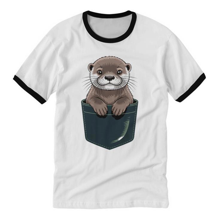 Pocket Otter Lover Introvert Cute Animal Fun Surprise Unisex Cotton Ringer T-Shirt