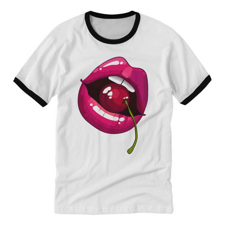 Rainbow Lips With a Cherry In The Mouth 80s Nostalgia Premium Tri-Blend Unisex Cotton Ringer T-Shirt