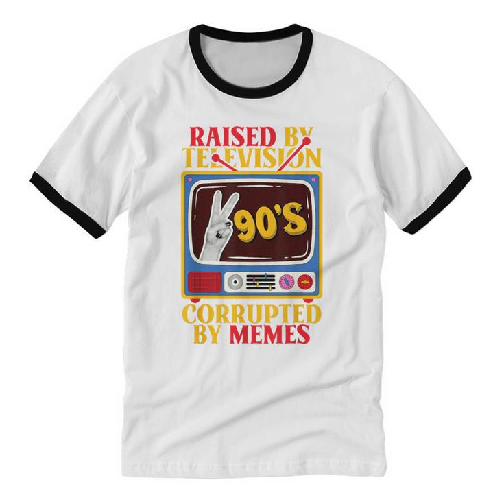 Raised By Television Corrupted By Memes Internet Nostalgia Unisex Cotton Ringer T-Shirt Raised By Television Corrupted By Memes Internet Nostalgia Unisex Cotton Ringer T-Shirt