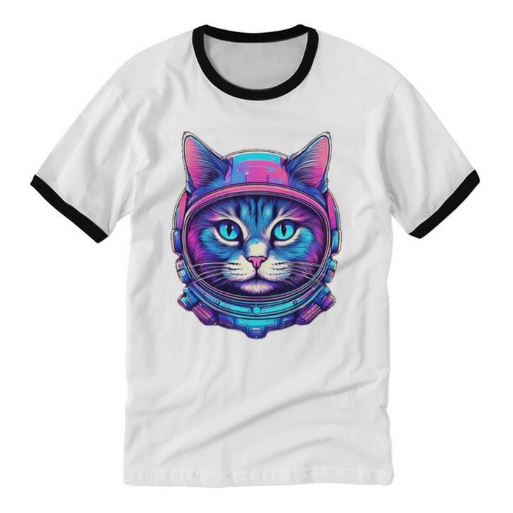 Retro 80s Cat In Space Suit Nostalgia Cat Vintage Astronaut Unisex Cotton Ringer T-Shirt