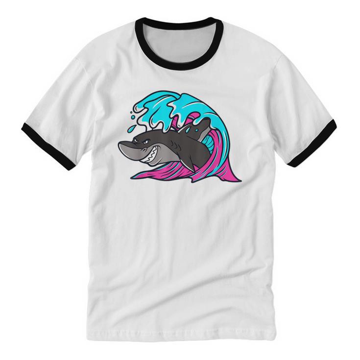 Retro 80s Shark Whale Diving Nostalgia Shark Party Unisex Cotton Ringer T-Shirt