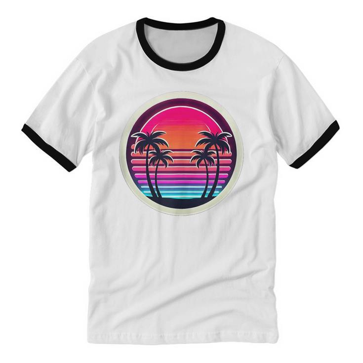 Retro 80s Synthwave Sunset & Palm Trees Retro Nostalgia 80s Unisex Cotton Ringer T-Shirt Retro 80s Synthwave Sunset & Palm Trees Retro Nostalgia 80s Unisex Cotton Ringer T-Shirt