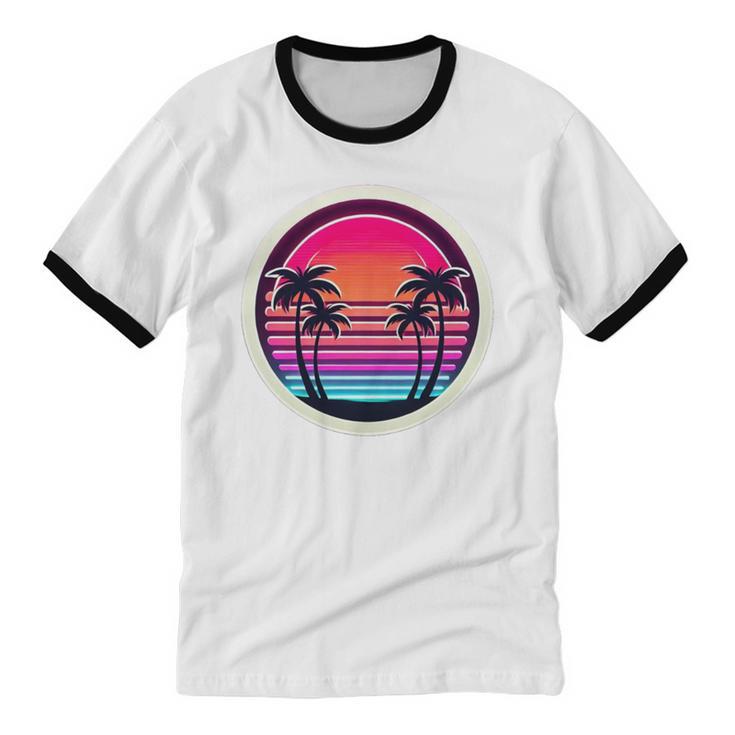 Retro 80s Synthwave Sunset & Palm Trees Retro Nostalgia 80s Unisex Cotton Ringer T-Shirt