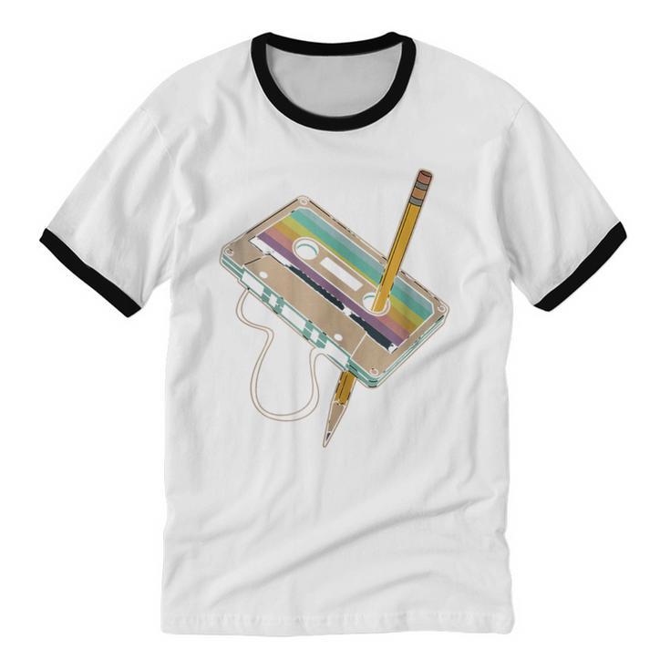 Retro Cassette And Pencil 80s 90s Nostalgia Music Lover Unisex Cotton Ringer T-Shirt Retro Cassette And Pencil 80s 90s Nostalgia Music Lover Unisex Cotton Ringer T-Shirt