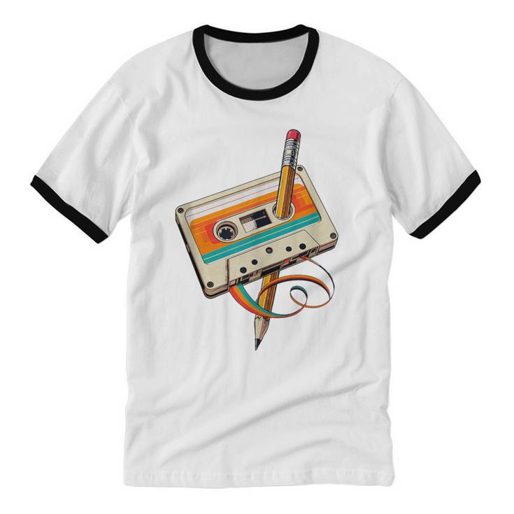 Retro Cassette Tape & Pencil Rewind Nostalgia Party 80s 90s Unisex Cotton Ringer T-Shirt Retro Cassette Tape & Pencil Rewind Nostalgia Party 80s 90s Unisex Cotton Ringer T-Shirt