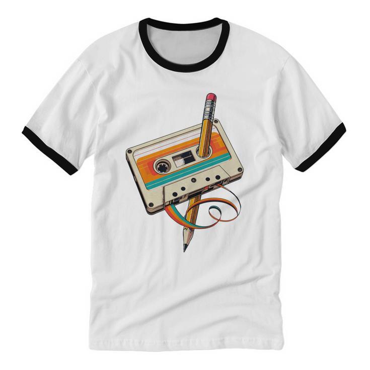Retro Cassette Tape & Pencil Rewind Nostalgia Party 80s 90s Unisex Cotton Ringer T-Shirt