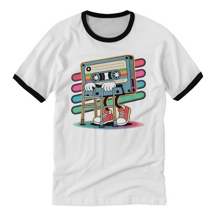Retro Old Cassette Tape Cartoon With Walker Nostalgia Premium Tri-Blend Unisex Cotton Ringer T-Shirt