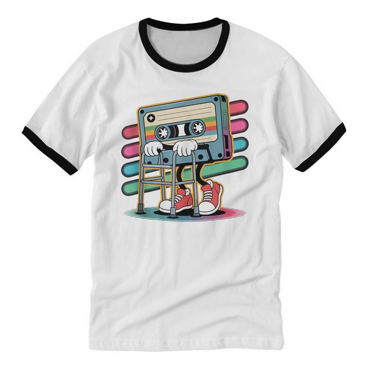 Retro Old Cassette Tape Cartoon With Walker Nostalgia Unisex Cotton Ringer T-Shirt