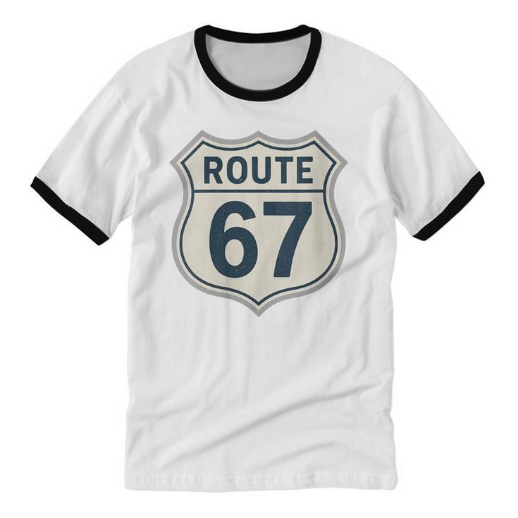 Retro Route 67 Highway Sign Vintage Road Nostalgia Unisex Cotton Ringer T-Shirt