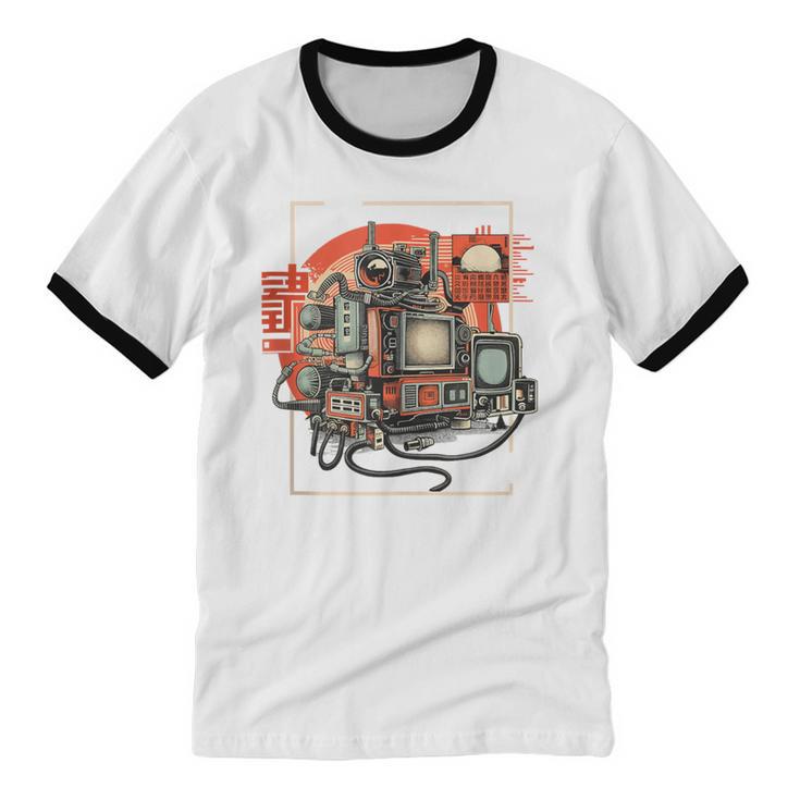 Retro Tech Stack 80s 90s Nostalgia Analog TV Cameras Unisex Cotton Ringer T-Shirt