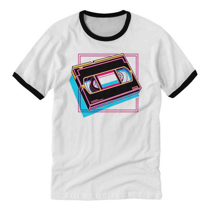 Retro VHS Vaporwave Video Cassette Nostalgia Geek Chic Premium Tri-Blend Unisex Cotton Ringer T-Shirt