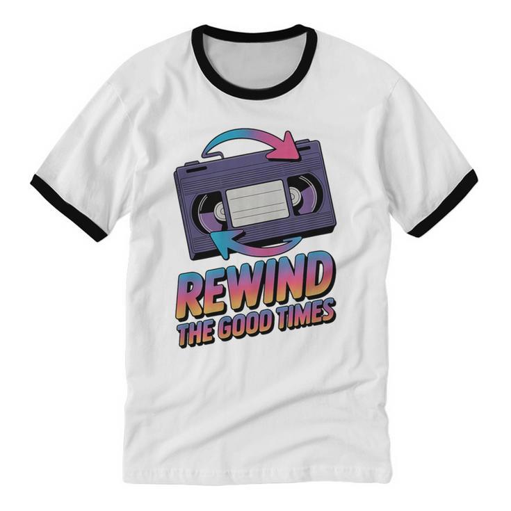 Rewind Good Times Retro VHS Tape Nostalgia 80s 90s Premium Tri-Blend Unisex Cotton Ringer T-Shirt