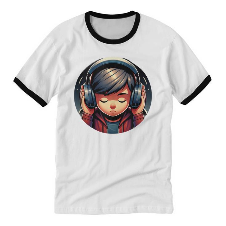 Serene Music Enthusiast With Headphones Introvert Cute Boy Unisex Cotton Ringer T-Shirt