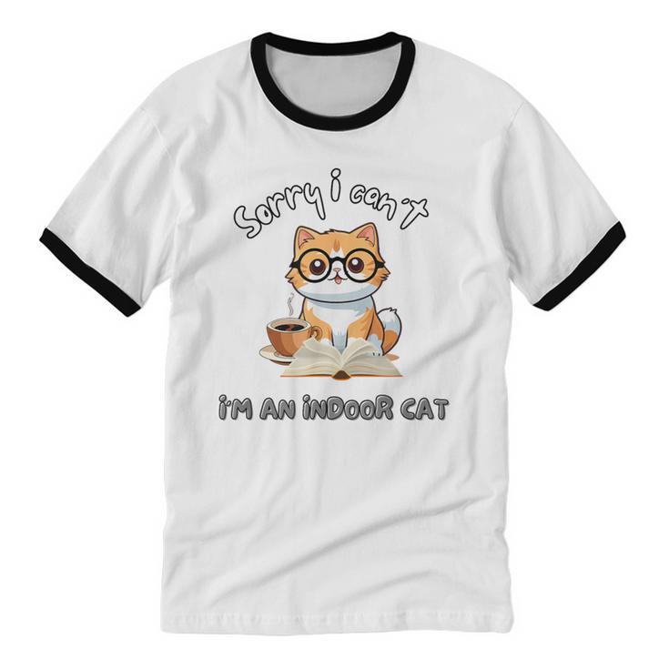 Sorry I Can't Indoor Cat Top For Introvert With Coffee Book Unisex Cotton Ringer T-Shirt
