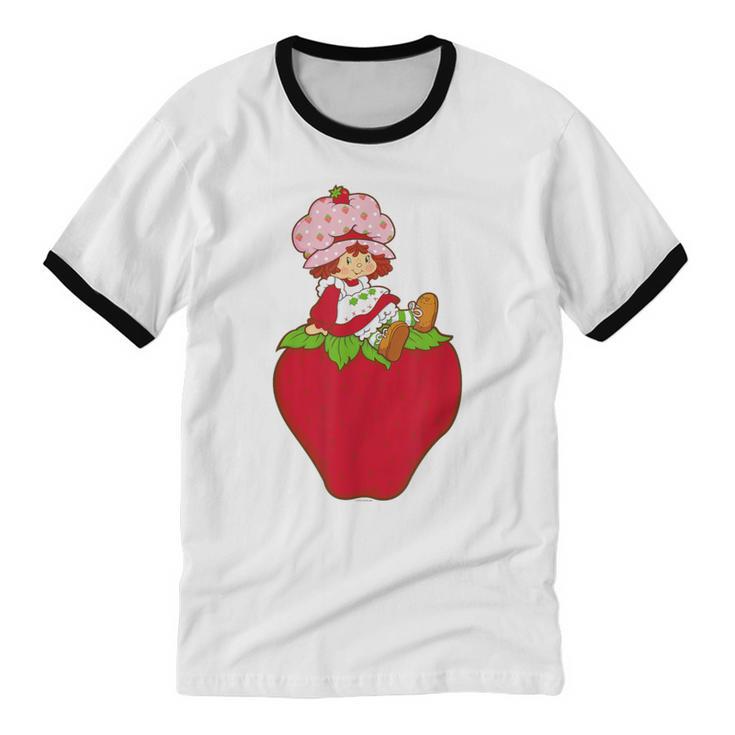 Strawberry Shortcake Sitting On Strawberry Retro Nostalgia Unisex Cotton Ringer T-Shirt