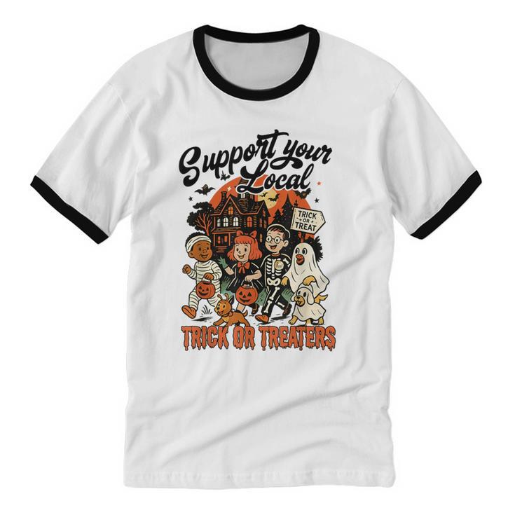 Support Your Local Trick Or Treaters Retro Spooky Nostalgia Unisex Cotton Ringer T-Shirt