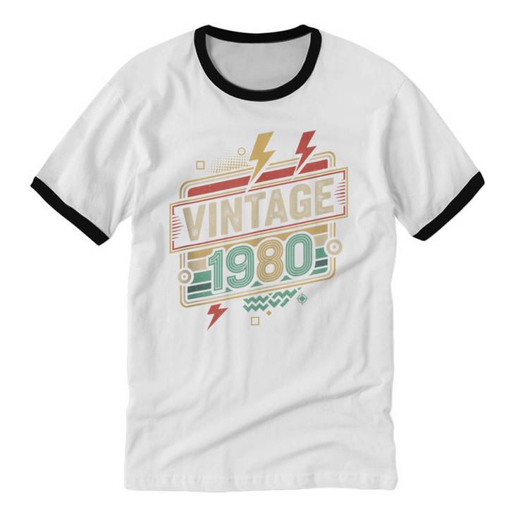 Vintage 1980 Retro Badge Decade Nostalgia Graphic Emblem Unisex Cotton Ringer T-Shirt