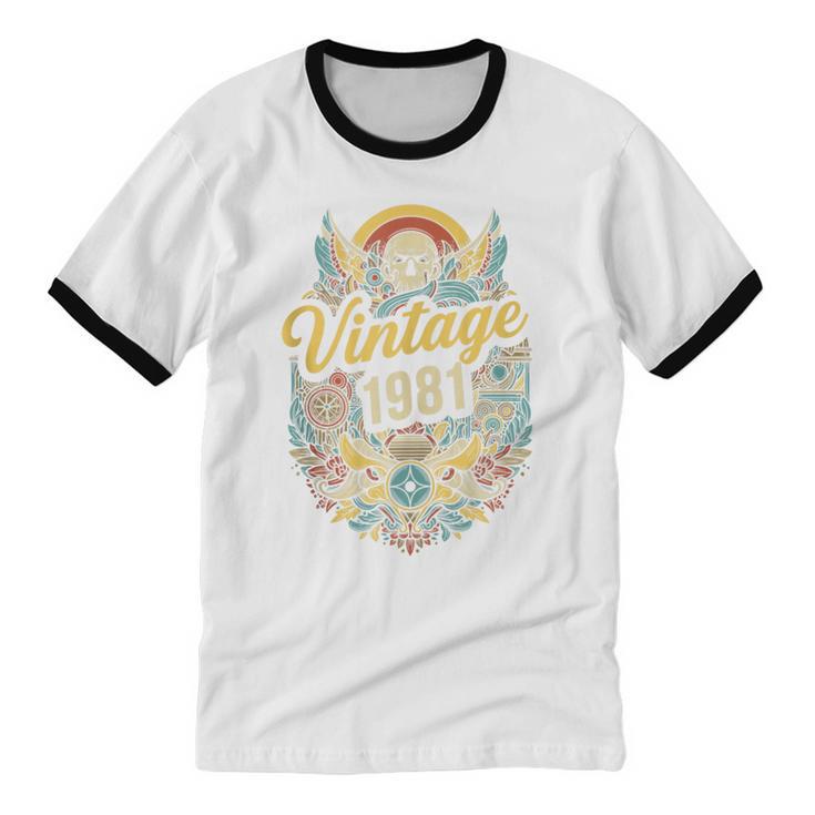 Vintage 1981 Retro Badge Nostalgia Eighties Compass Skull Unisex Cotton Ringer T-Shirt