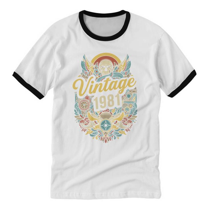 Vintage 1981 Retro Badge Nostalgia Eighties Compass Skull Unisex Cotton Ringer T-Shirt