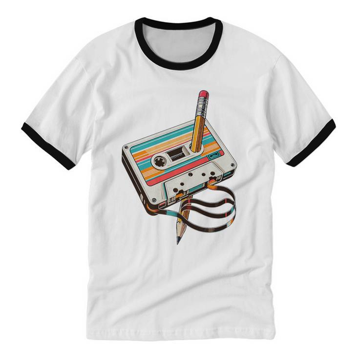 Vintage Cassette Tape And Pencil Nostalgia Party 70s 80s 90s Premium Unisex Cotton Ringer T-Shirt