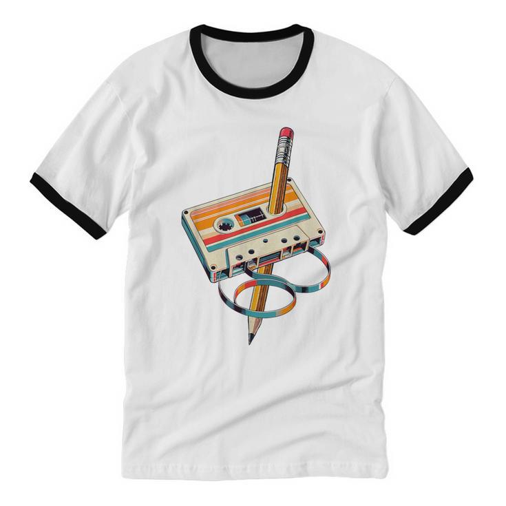 Vintage Cassette Tape And Pencil Nostalgia Party 70s 80s 90s Unisex Cotton Ringer T-Shirt Vintage Cassette Tape And Pencil Nostalgia Party 70s 80s 90s Unisex Cotton Ringer T-Shirt
