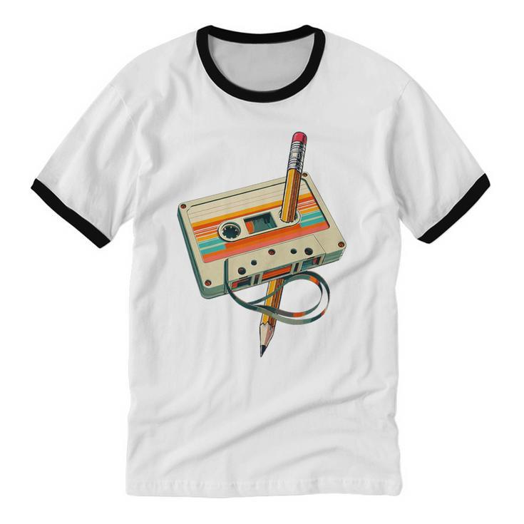 Vintage Pencil Rewind Cassette Tape Nostalgia Party 80s 90s Premium Unisex Cotton Ringer T-Shirt