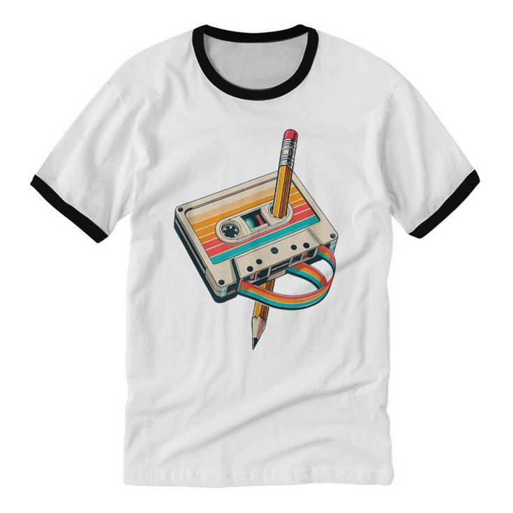 Vintage Pencil Rewind Cassette Tape Nostalgia Party 80s 90s Unisex Cotton Ringer T-Shirt