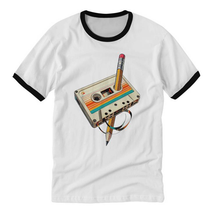 Vintage Pencil Rewind Cassette Tape Nostalgia Party 80s 90s Unisex Cotton Ringer T-Shirt